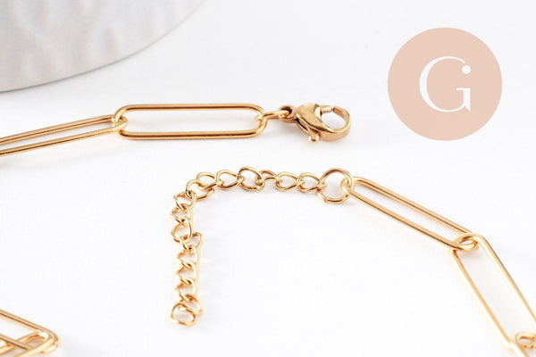 Chaine maille rectangle acier inoxydable doré complète avec fermoir 10x3.5mm, x1 (G10112)