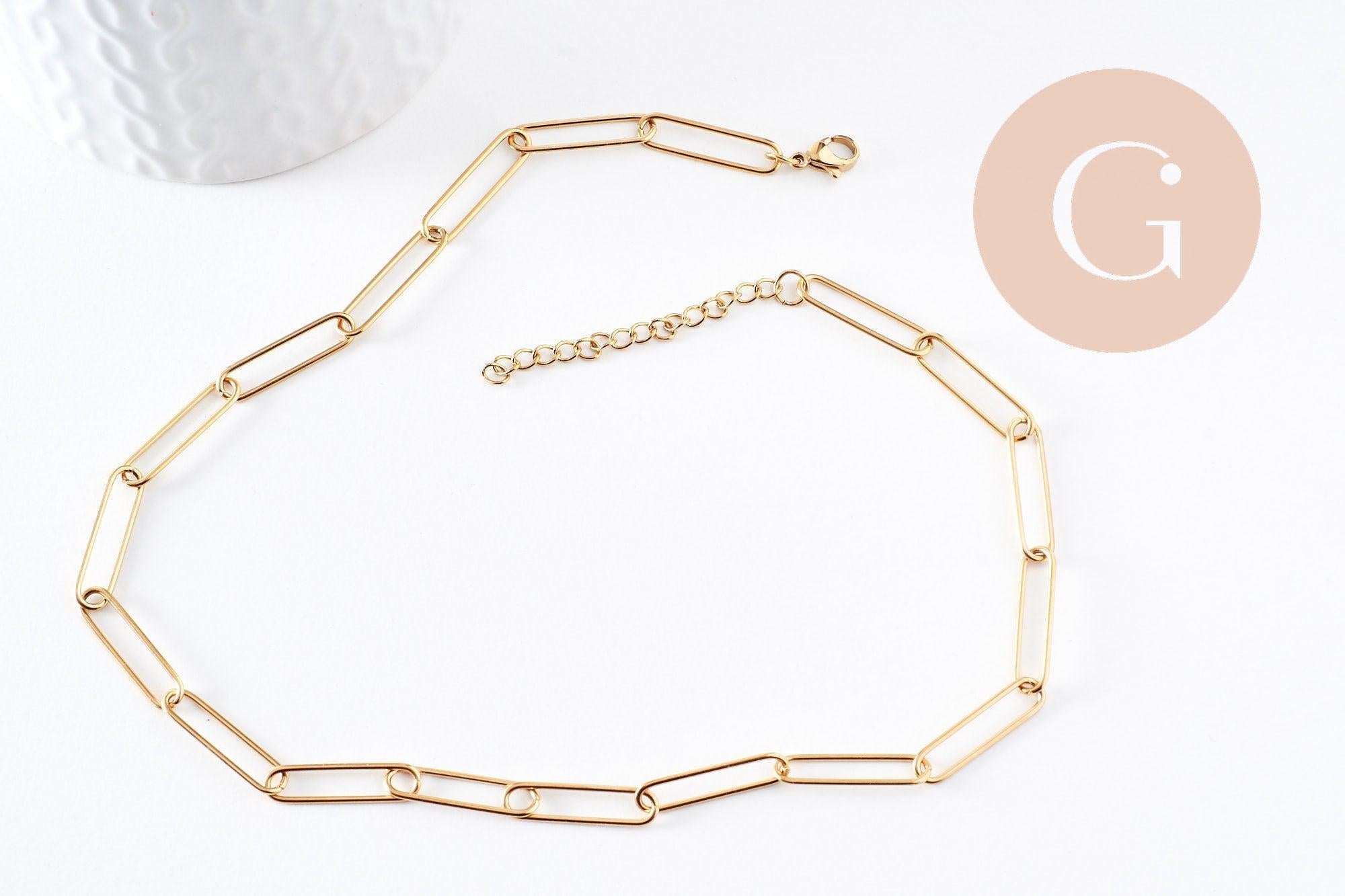 Collier Chaine maille rectangle acier inoxydable doré complète avec fermoir 10x3.5mm, x1 (G10112)