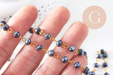 Chaine dorée perle cristal noir, chaine collier ,chaine lunettes, chaine fantaisie, 6x4mm,1 metre, x1 (G3460)