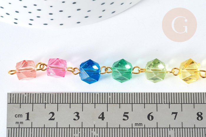Chaine perles acrylique fer doré géométrique facettée couleur mixte 15mm, perle acrylique ,perle géométrique 15mm x1 mètre (G7215)