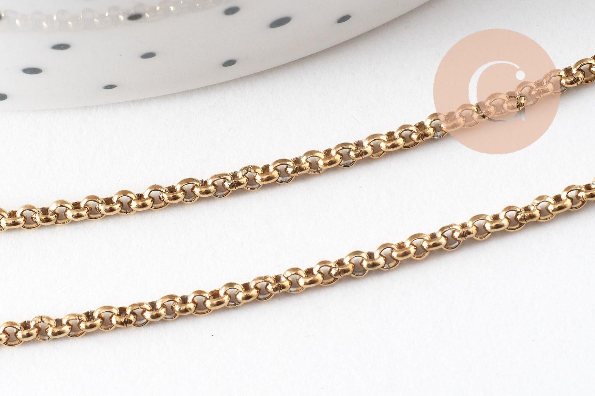 Chaine rolo acier inoxydable 304 doré IP 18k maille rolo 2mm, x1mètre (G2057)