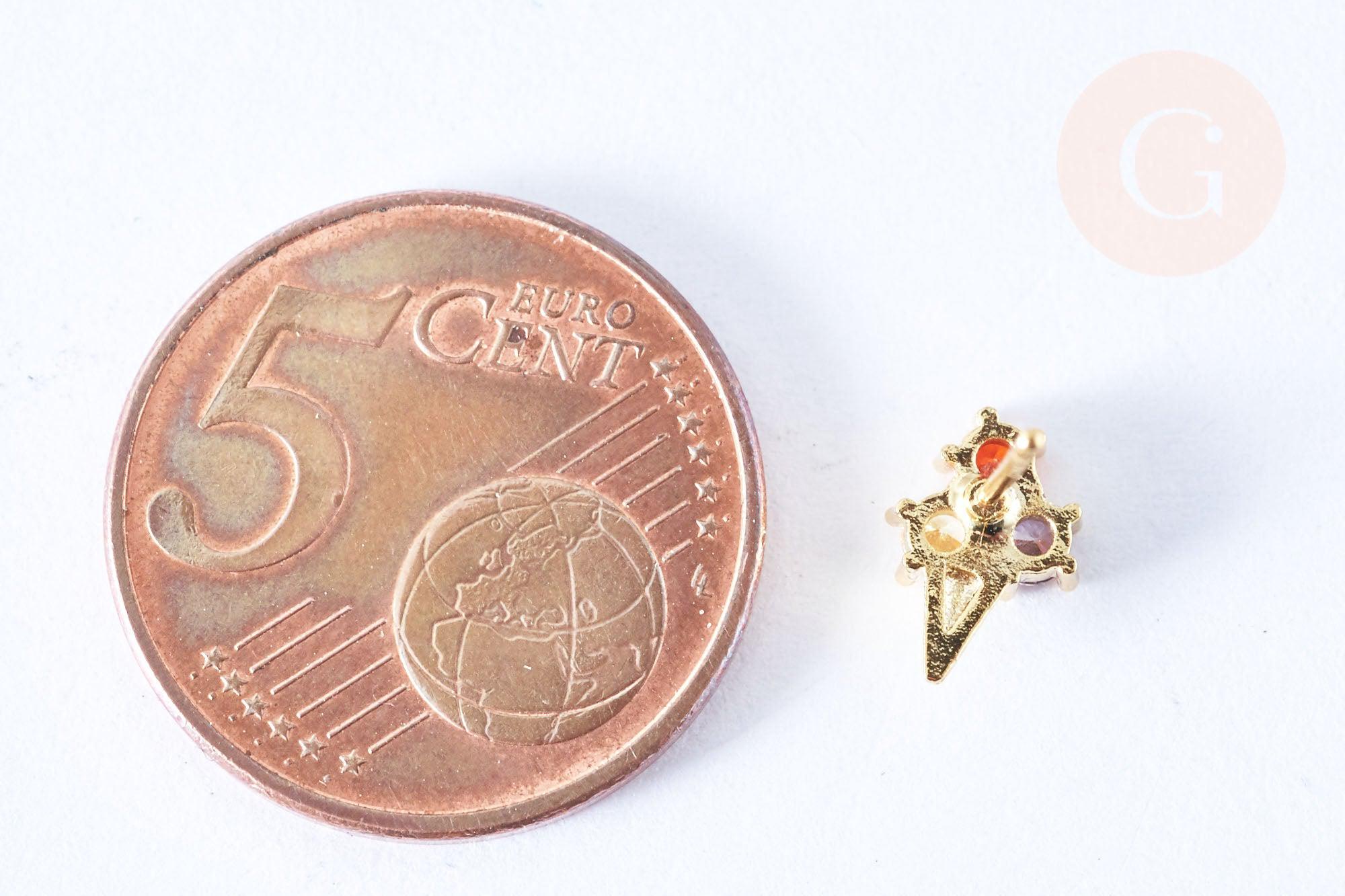 Clous d'oreille cornet de glace laiton zircon tricolore avec poussoirs d'oreilles, idées cadeaux femmes fille, la paire (G7934)