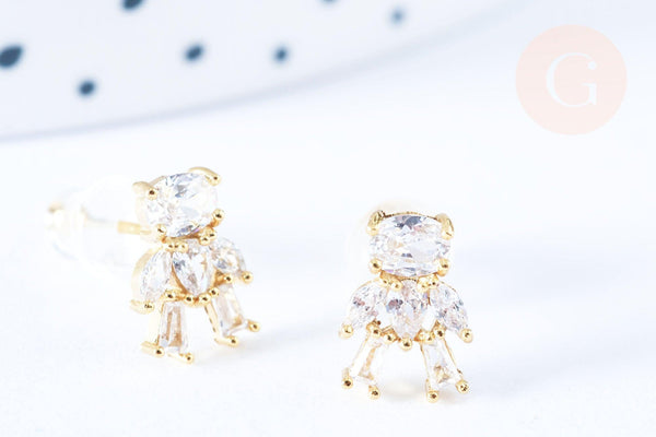 Clous d'oreille ourson en laiton zircons blanc avec poussoirs d'oreilles, idées cadeaux femmes fille la paire, (G7913)