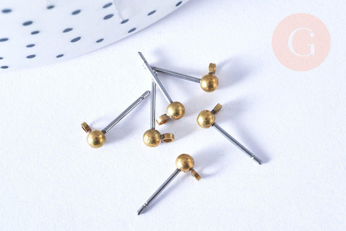 Clous-puces boule boucles oreille laiton brut acier 3mm, x10 (G6545)