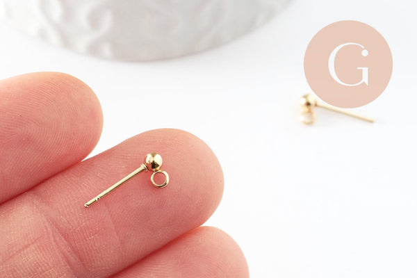 Clous puces oreille boule acier 304 doré 18K inoxydable 3mm avec anneau, x10 (G9689)
