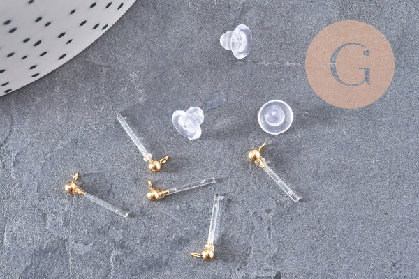 Clous puces oreille boule acier 304 doré inoxydable et tige et fermoir résine, x10 (G10813)
