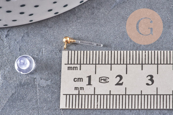 Clous puces oreille boule acier 304 doré inoxydable et tige et fermoir résine, x10 (G10813)