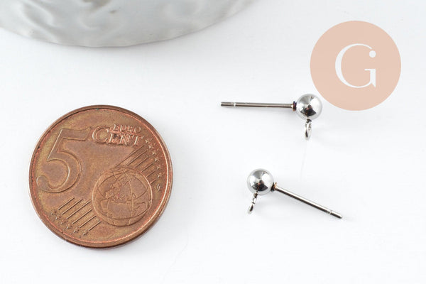 Clous puces oreille boule acier 304 inoxydable platine avec anneau 15mm, x10 (G9646)
