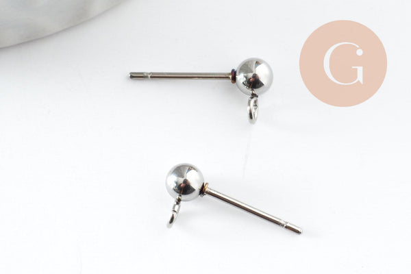 Clous puces oreille boule acier 304 inoxydable platine avec anneau 15mm, x10 (G9646)