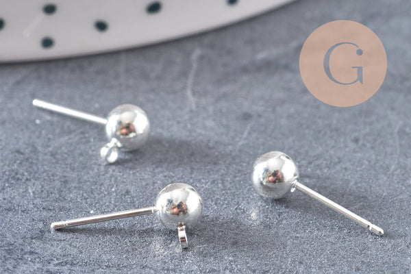 Clous-puces oreille boule laiton argenté 5mm avec anneau, x10 (G1248)