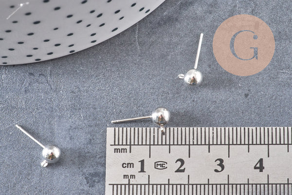 Clous-puces oreille boule laiton argenté 5mm avec anneau, x10 (G1248)