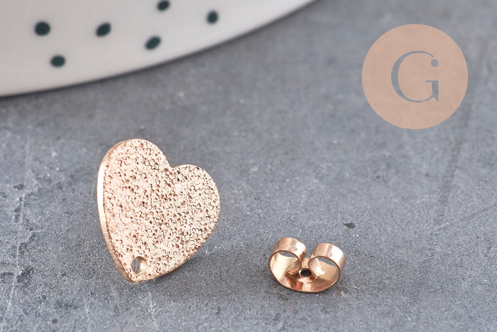 Clous-puces oreille coeur acier 304 inoxydable or rose IP sablé 1 trou 13mm, la paire (G10953)