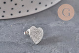 Clous-puces oreille coeur acier 304 inoxydable platine sablé 1 trou 13mm, la paire (G11318)