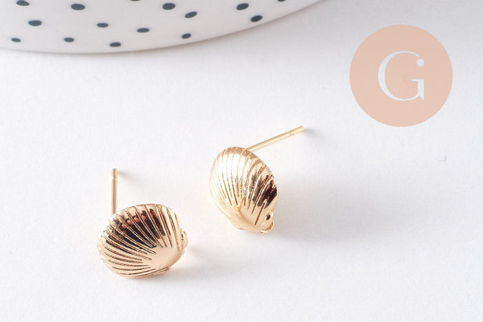 Clous-puces oreille coquillage avec anneau laiton doré 18K 11mm, la paire (G10407)