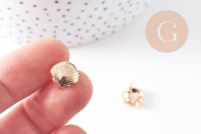 Clous-puces oreille coquillage avec anneau laiton doré 18K 11mm, la paire (G10407)