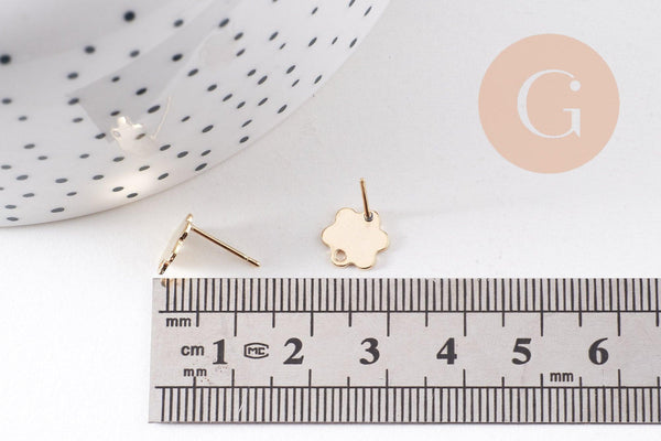 Clous-puces oreille fleur acier 201/316 inoxydable dore 24K lisse 1 trou 9mm, la paire (G10487)