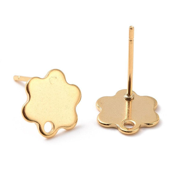 Clous-puces oreille fleur acier 201/316 inoxydable dore 24K lisse 1 trou 9mm, la paire (G10487)