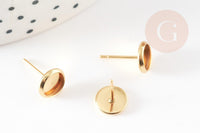 Clous-puces oreille support cabochon rond acier 304 inoxydable dore 18K, x10 (G9224)