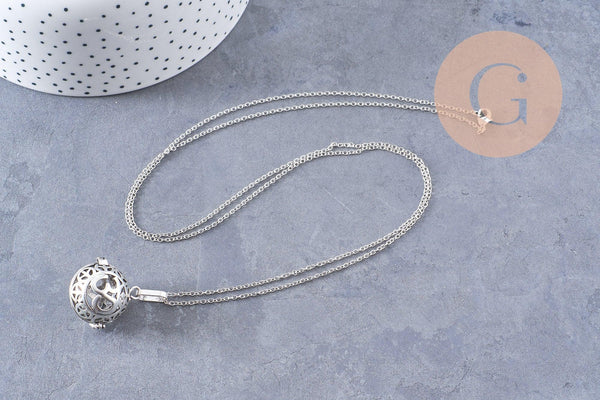 Collier Bola Ohm carillon d'harmonie argenté, Vendu sans carillon, 71-72cm, x1 (G3679)