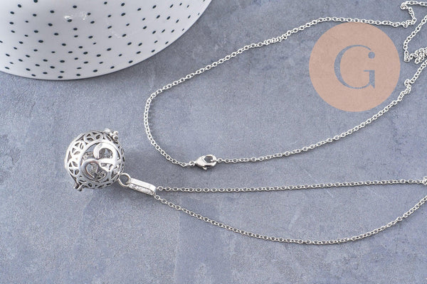 Collier Bola Ohm carillon d'harmonie argenté, Vendu sans carillon, 71-72cm, x1 (G3679)