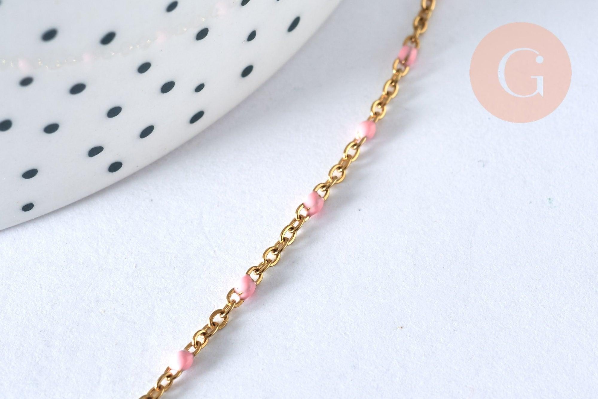 Collier Chaine acier 304 inoxydable doré 14k fantaisie résine rose 2mm-45cm, x1 (G1810)