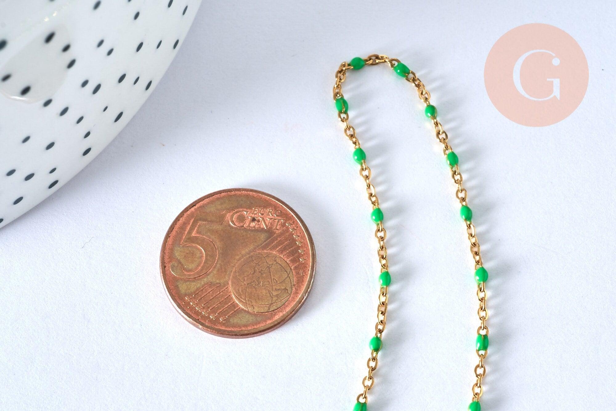 Collier Chaine acier dorée 14k résine colorée vert,chaine collier, fantaisie, chaine complète,2mm, 45cm, x1 G2417