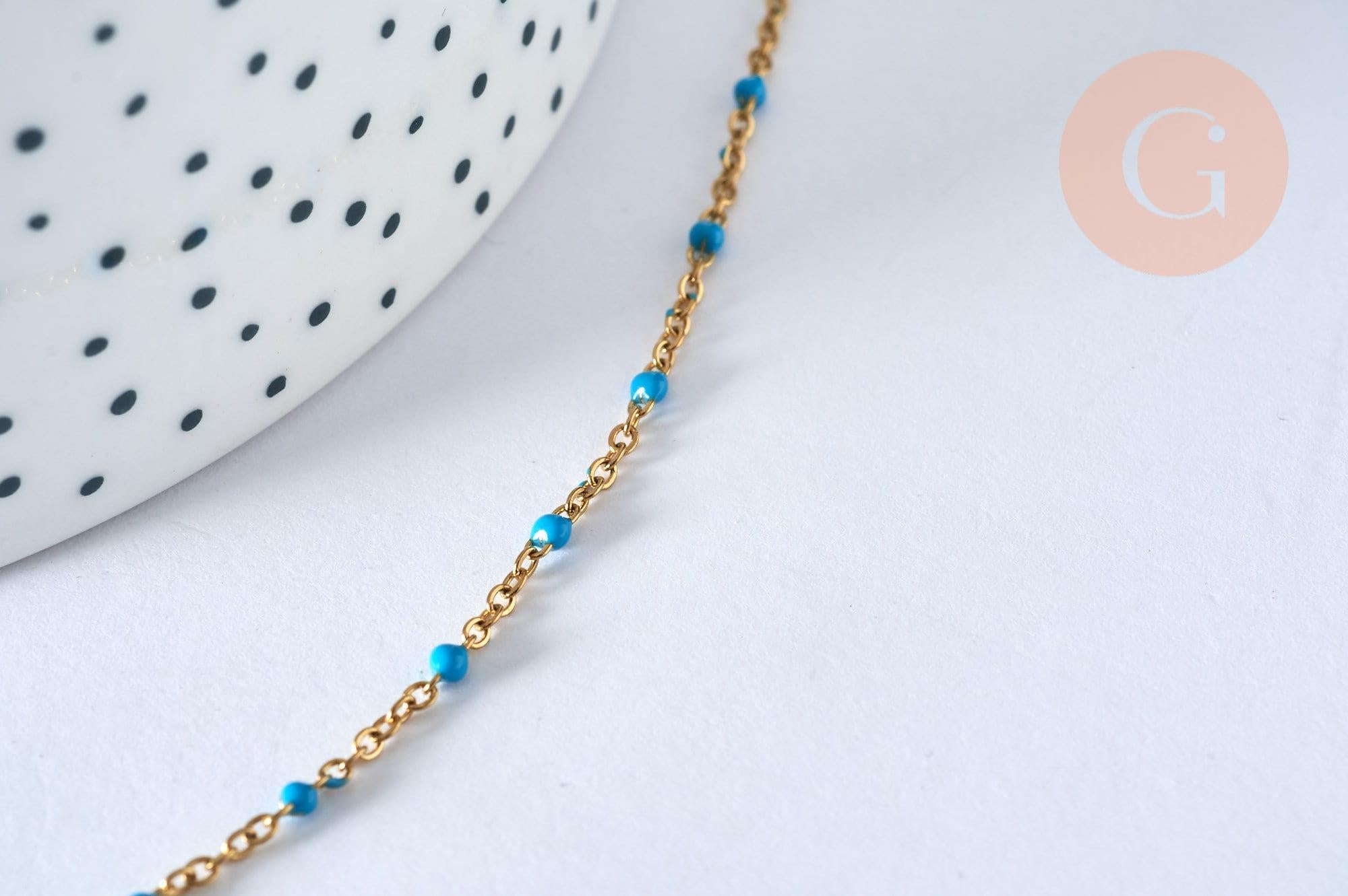 Collier Chaine avec fermoir acier inoxydable doré IP 14k complète résine turquoise 1.5mm-45cm, x1 (G5409)