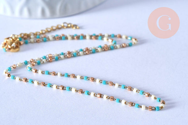 Collier Chaine avec fermoir acier inoxydable doré perles rocaille turquoise artisanale 40.7cm, x1 (G4010)