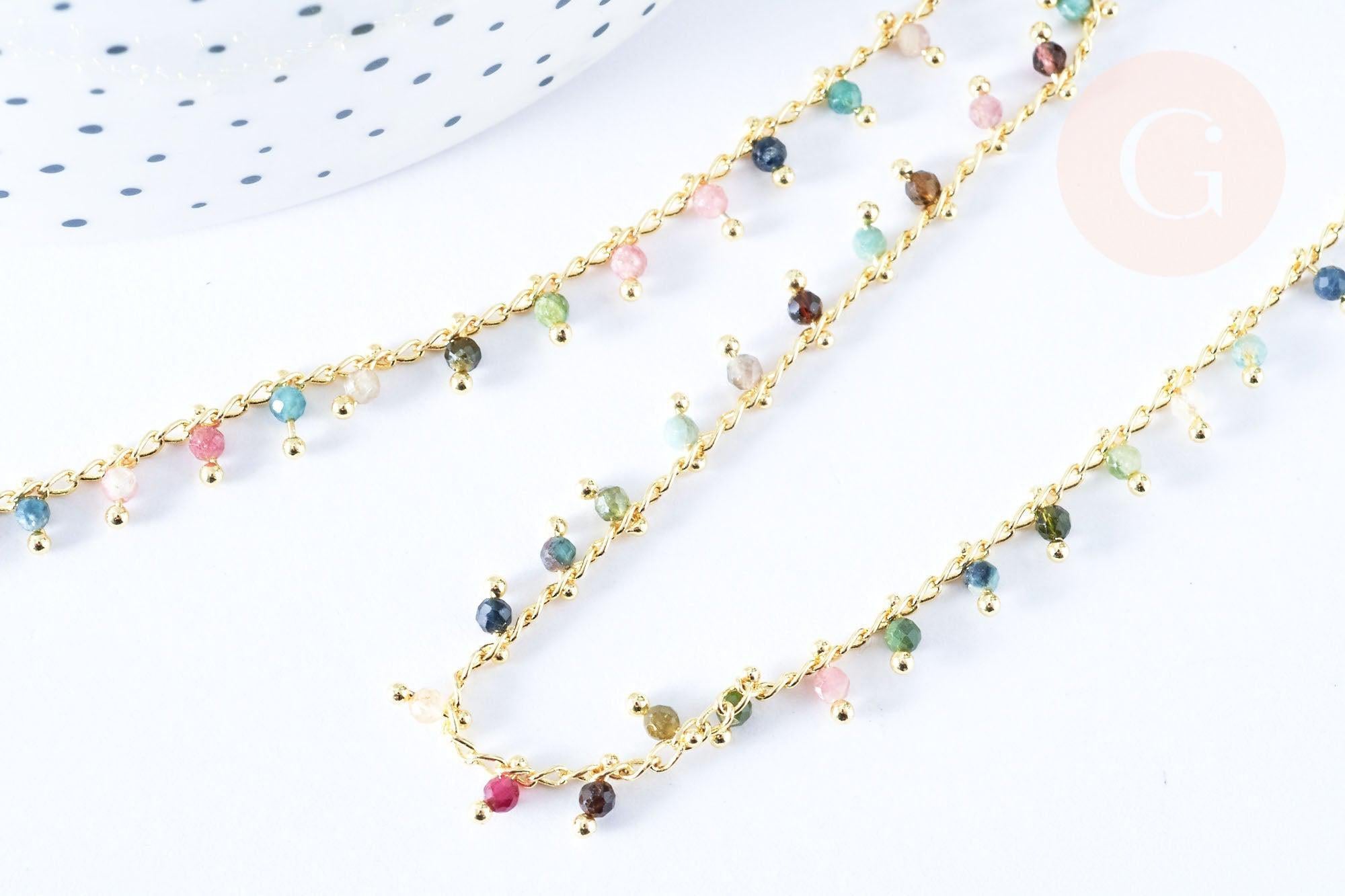 Collier Chaine collier laiton doré fantaisie tourmaline naturelle 45cm, x1 (G7251)