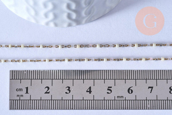 Collier Chaine complète acier doré perles rocaille blanches artisanales, acier inoxydable doré,40.7cm, x1 G3778
