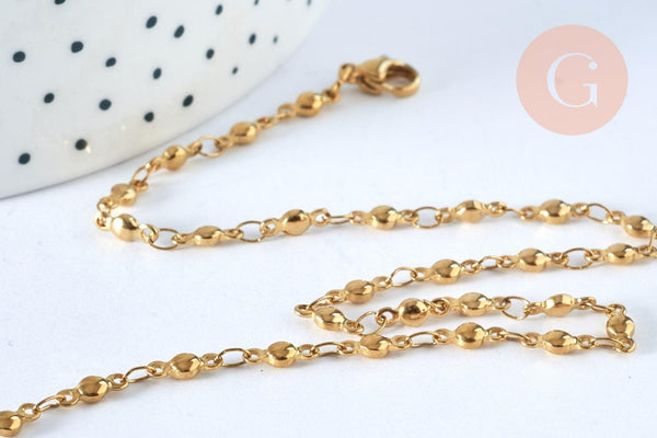 Collier Chaine complète acier dorée 14k boule, chaine fantaisie sans nickel, acier doré, chaine complète,2.mm,45.5cm, x1 G0142