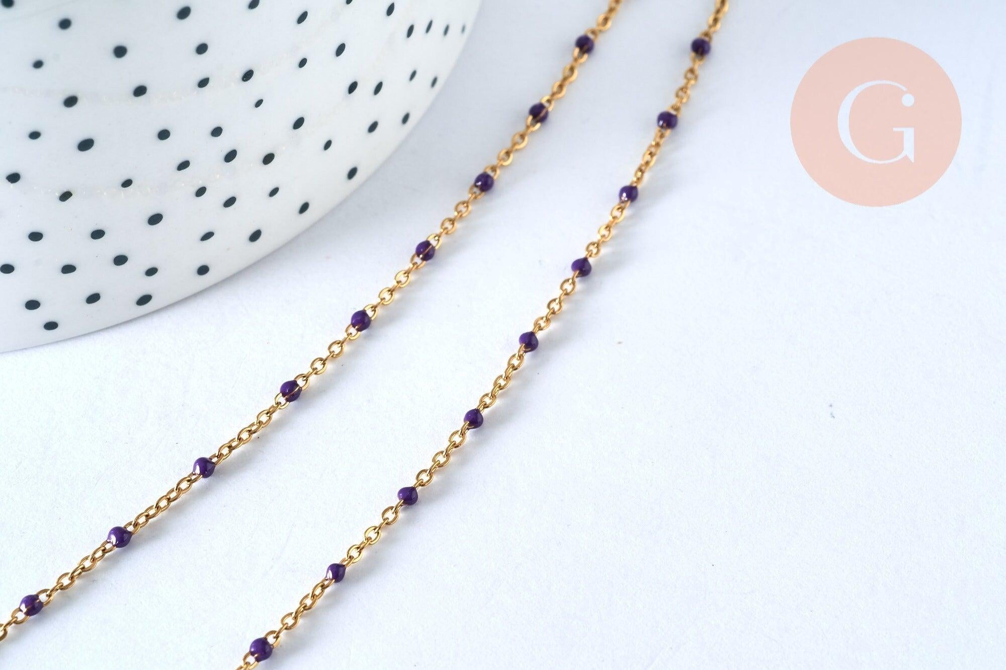 Collier Chaine complète avec fermoir acier dorée 14k fantaisie résine violette 2mm/45cm, x1 (G1385)