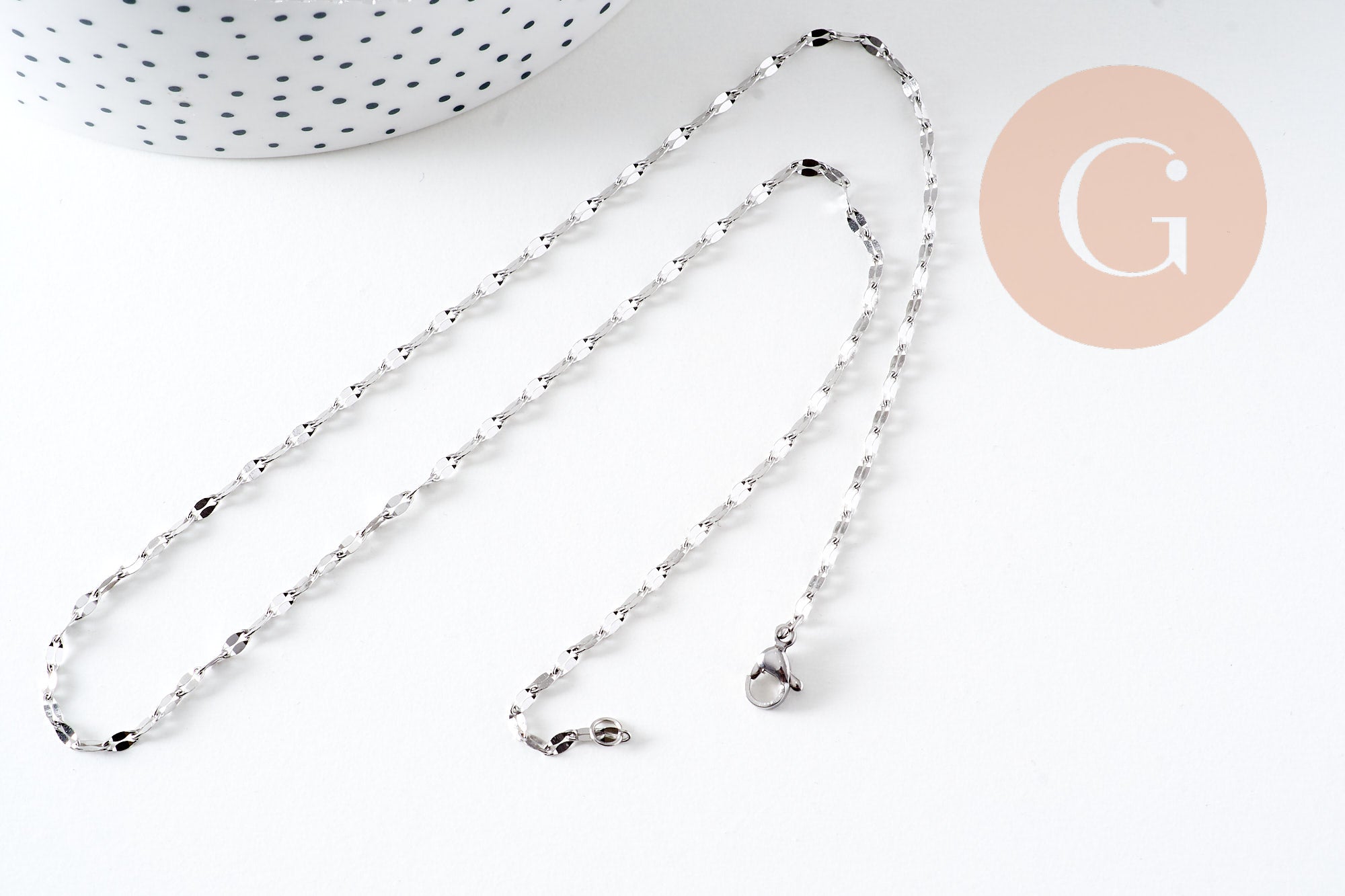 Collier Chaine complète avec fermoir acier inoxydable platine 45cm, x1 (G6566)