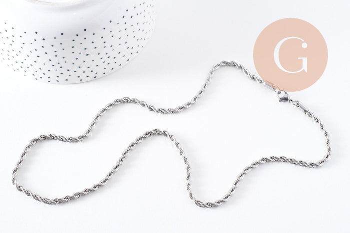 Collier Chaine complète torsadée acier 304 inoxydable platine 3.8mm/60cm, x1 (G1113)
