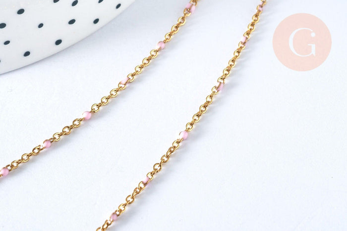 Collier Chaine laiton doré 18k fantaisie résine rose,chaine fantaisie dore,chaine complète,2mm,40cm, x1 G3488