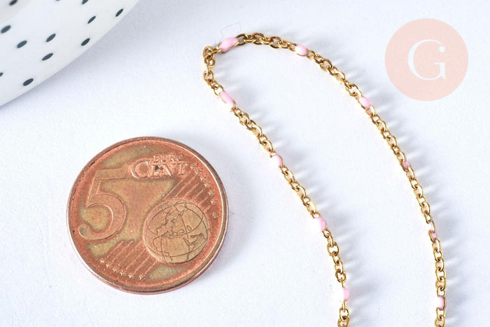 Collier Chaine laiton doré 18k fantaisie résine rose,chaine fantaisie dore,chaine complète,2mm,40cm, x1 G3488