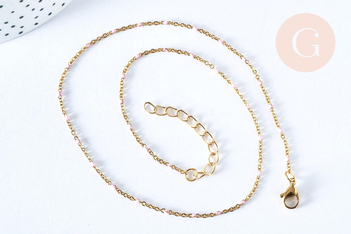 Collier Chaine laiton doré 18k fantaisie résine rose,chaine fantaisie dore,chaine complète,2mm,40cm, x1 G3488