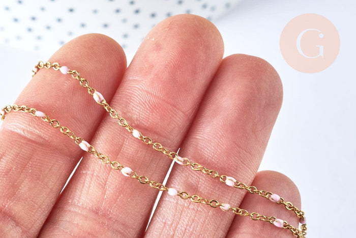 Collier Chaine laiton doré 18k fantaisie résine rose,chaine fantaisie dore,chaine complète,2mm,40cm, x1 G3488