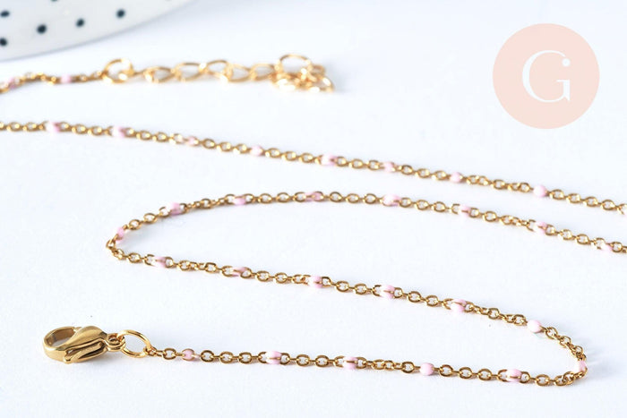 Collier Chaine laiton doré 18k fantaisie résine rose,chaine fantaisie dore,chaine complète,2mm,40cm, x1 G3488