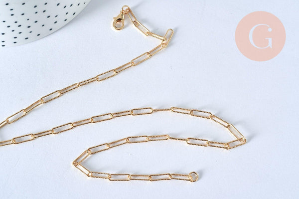 Collier Chaine laiton doré texturée maille rectangle,chaine collier,chaine large,12x3.5mm,chaine complète,49.5cm, x1 (G2410)