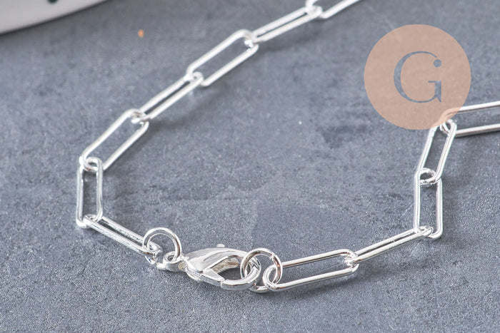 Collier Chaine maille rectangle laiton argentée complète avec fermoir 12x3.5mm, x1 (G3171)