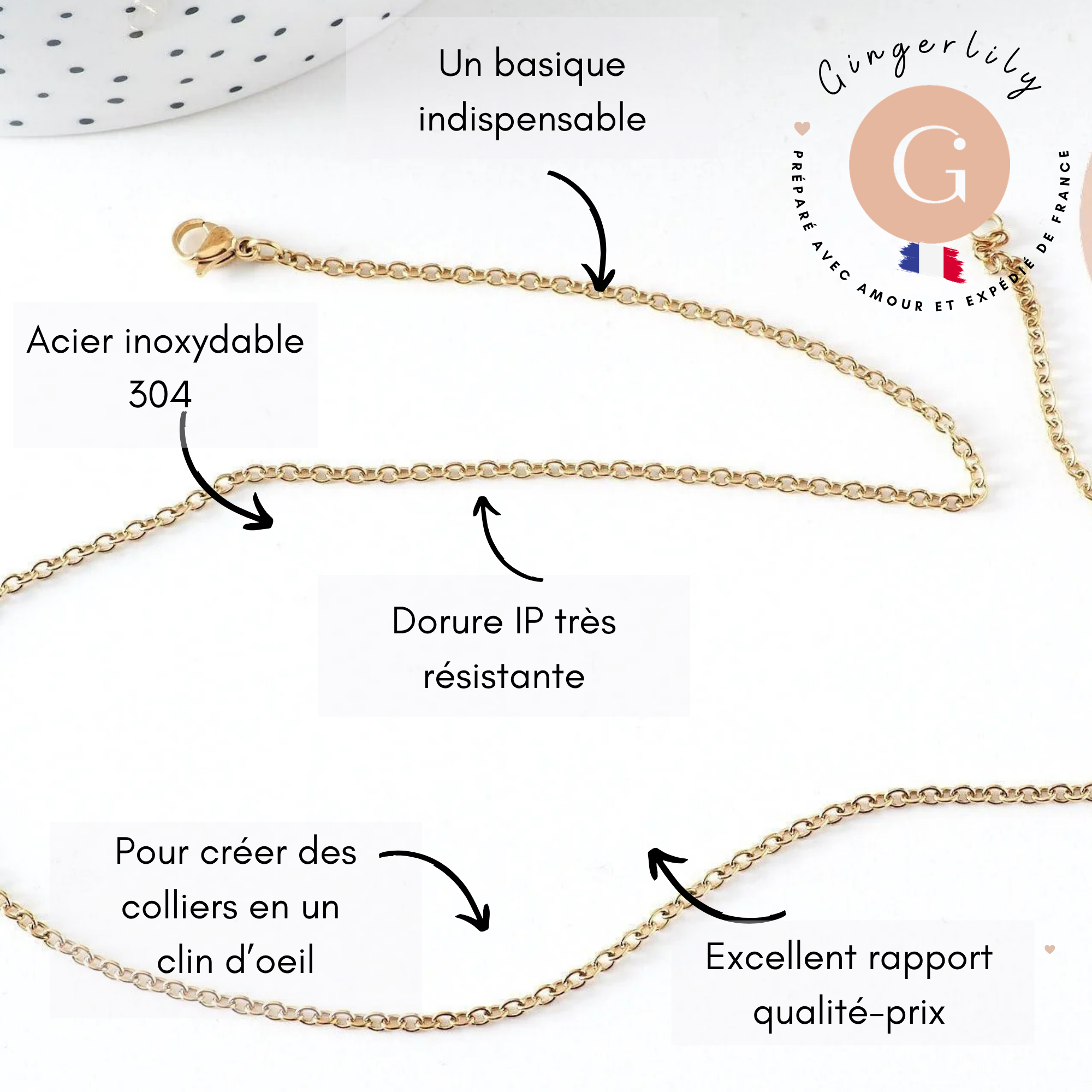 Collier chaine avec fermoir acier 304 inoxydable doré IP 14k forçat 1.9mm/45cm,x1 (G2088)