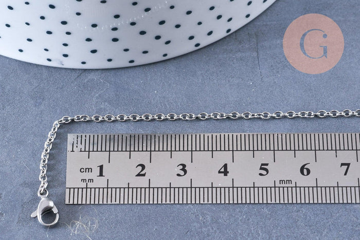 Collier chaine complète avec fermoir forçat acier 304 inoxydable platine 45cm, x1 (G1864)