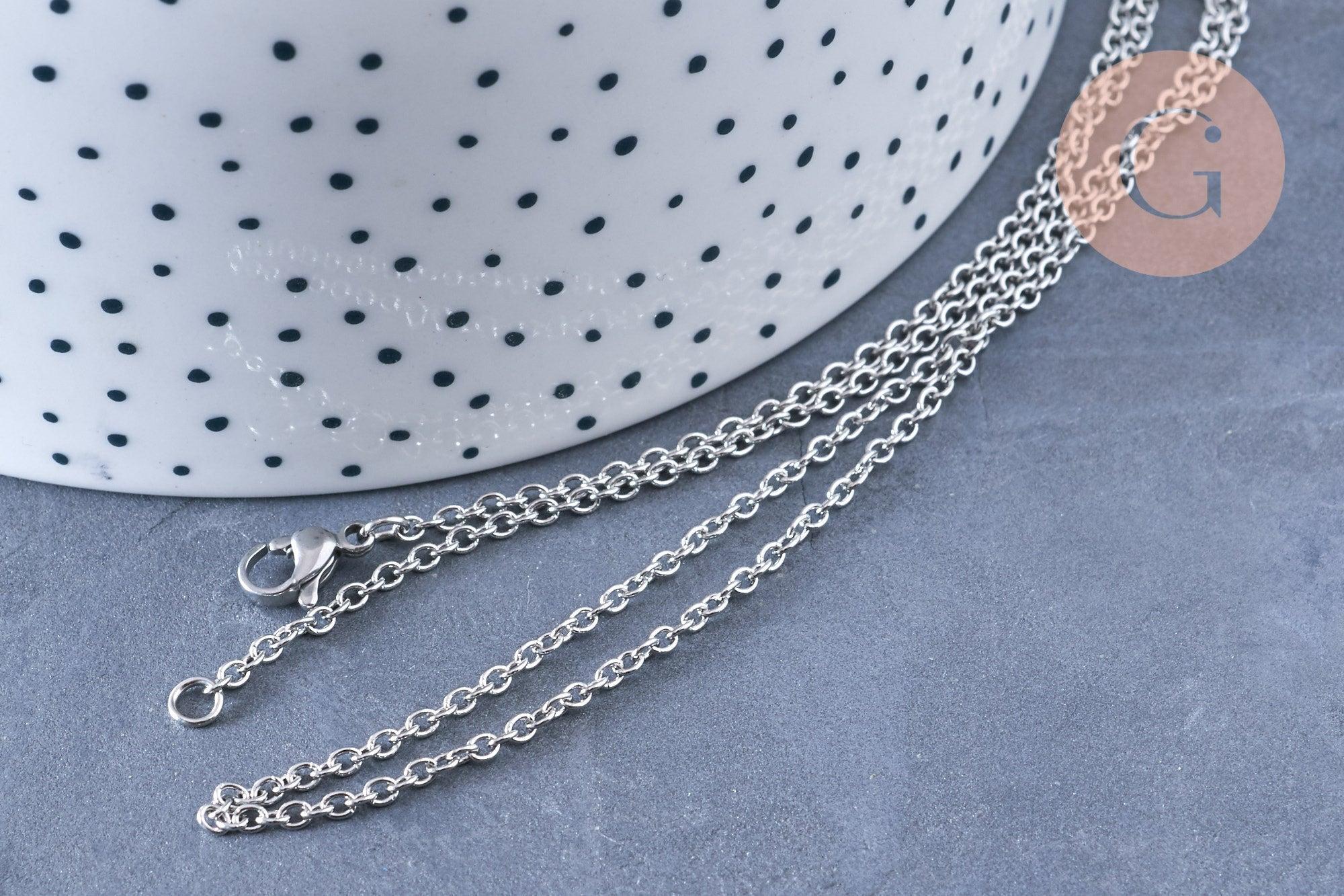 Collier chaine complète avec fermoir forçat acier 304 inoxydable platine 45cm, x1 (G1864)