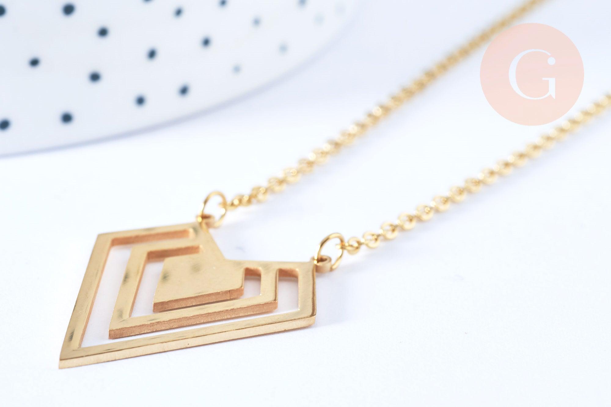 Collier losange acier inoxydable doré 14k 43cm,idée cadeau anniversaire, x1 (G7140)