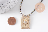 Collier médaille coeur Pyrite zircons blanc cordon tressé zamac doré 45cm x1 (G10364-9)