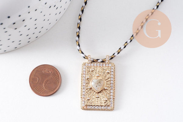 Collier médaille coeur Pyrite zircons blanc cordon tressé zamac doré 45cm x1 (G10364-9)