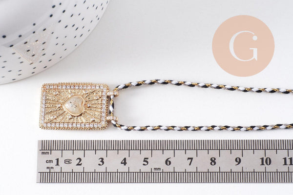 Collier médaille coeur Pyrite zircons blanc cordon tressé zamac doré 45cm x1 (G10364-9)