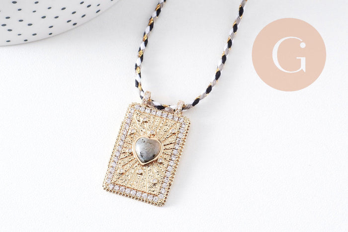 Collier médaille coeur Pyrite zircons blanc cordon tressé zamac doré 45cm x1 (G10364-9)