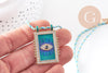 Collier médaille émaillée Oeil bleu zircon zamac doré, collier cordon tressé 45cm x1 (G10364-2)